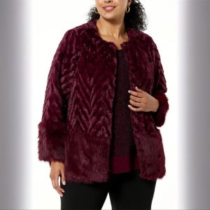Nina Leonard Wine Color Faux Fur Chevron Bolero Coat