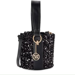 Bagdley Mischka Black Sequin Bucket Bag with Gold Accents
