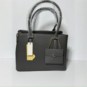 Spacious Gray Leather Handbag with Shoulder Strap and Coin Pouch Charm