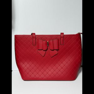 Red Vegan Leather Tote Bag with Shoulder Strap and Red Bow Accent