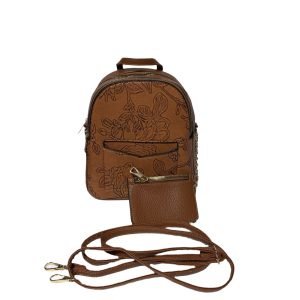 Brown Floral Vegan Leather Backpack with Coin Pouch attached by Gold Chain