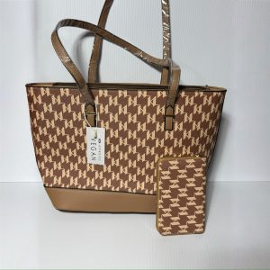 2 Piece 100% Vegan Leather 2 Tone Brown Spacious Tote Bag with Matching Wallet