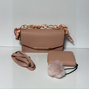 Blush Handbag with FREE Crossbody Strap, Decorative Twilly, Pom Pom & Wallet