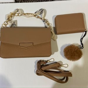 Taupe Handbag with FREE Crossbody Strap, Decorative Twilly, Pom Pom & Wallet